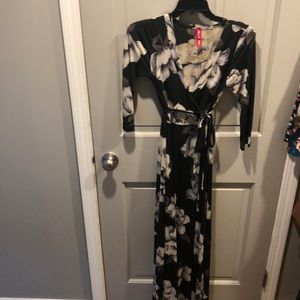 Long, black floral faux wrap dress